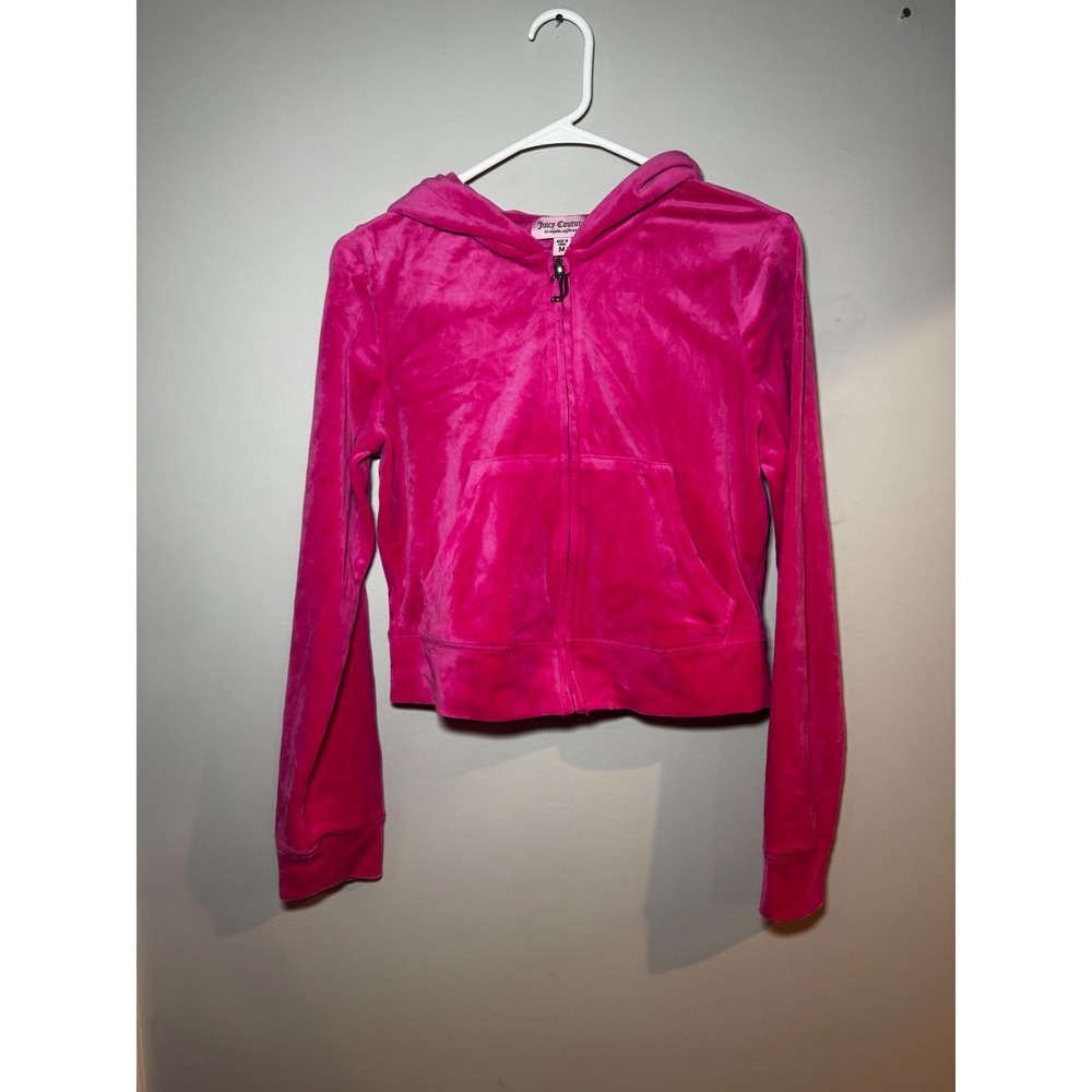 Juicy Couture Hot Pink Velour Rhinestone Logo Zip Up Hoodie Y2K Medium